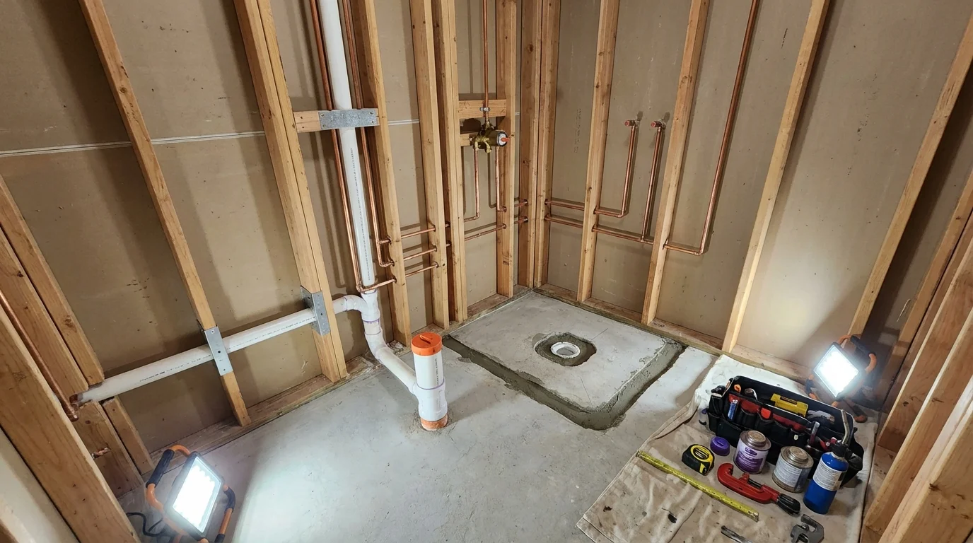 Bathroom rough-in plumbing during remodel by Johns Plumbing LLC in East Windsor