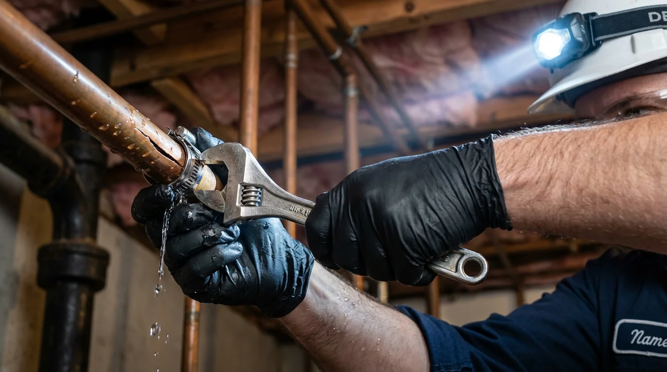 Emergency pipe clamp repair being performed by a Johns Plumbing LLC plumber in East Windsor