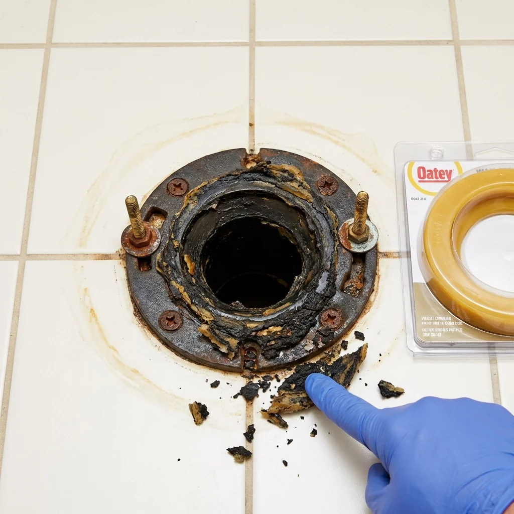Failed wax ring showing water seepage at the base of a toilet in a East Windsor, CT home